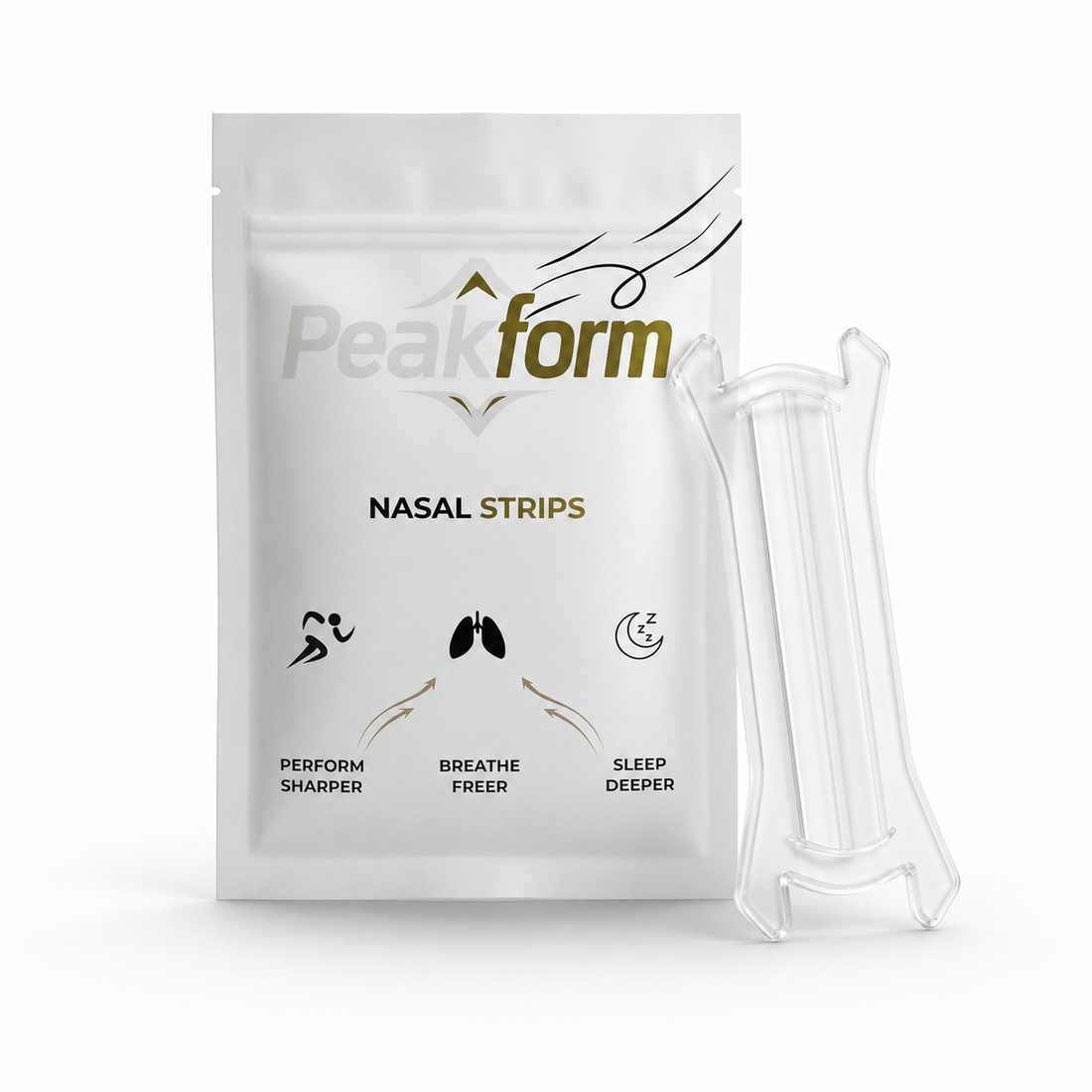 Peakform Nasal Strips verpakking met transparante neusstrip voor beter ademen